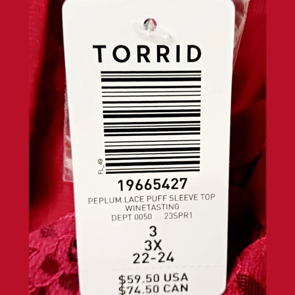 TORRID Plus Size rhubarb peplum lace longsleeve puff sleeve top 3X - Picture 15 of 16